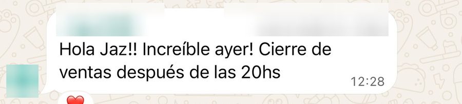 Mensaje de WhatsApp: Hola Jaz, ¡increíble ayer!